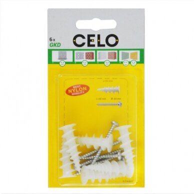 CELO gipso kartono kaištis GKD pagamintas iš stiklo pluoštu sustiprinto nailono, su sraigtu CELO gipso kartono kaištis GKD pagamintas iš stiklo pluoštu sustiprinto nailono, su sraigtu