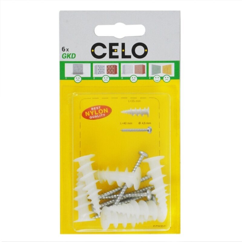 CELO gipso kartono kaištis GKD pagamintas iš stiklo pluoštu sustiprinto nailono, su sraigtu CELO gipso kartono kaištis GKD pagamintas iš stiklo pluoštu sustiprinto nailono, su sraigtu