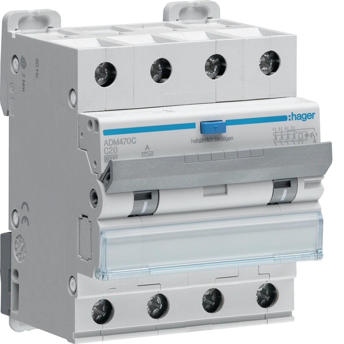 Diferencinis automatinis jungiklis Hager ADM470C (4P, 20A, A, 30mA, 6kA) Diferencinis automatinis jungiklis Hager ADM470C (4P, 20A, A, 30mA, 6kA)