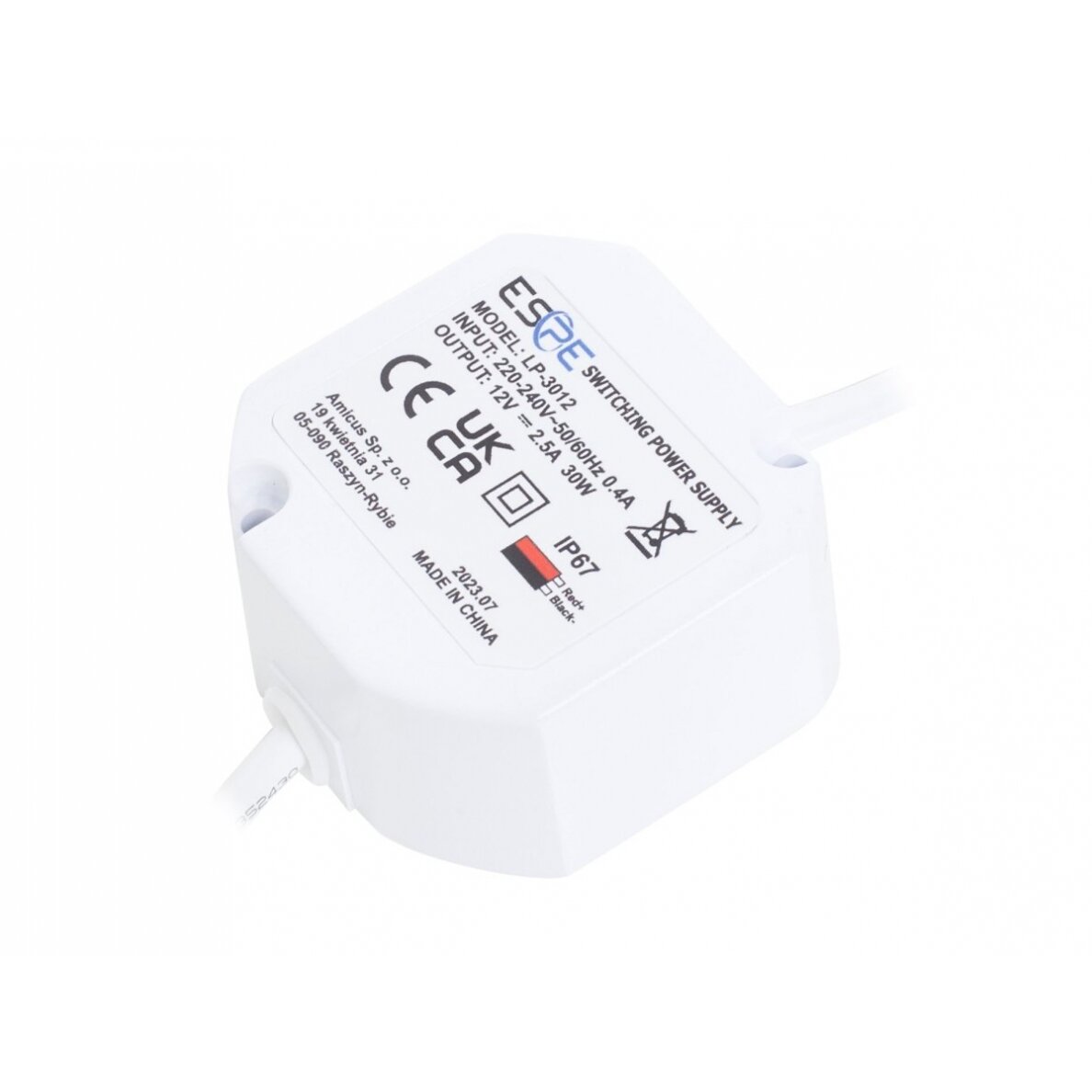 Impulsinis maitinimo šaltinis ESPE LP-3012 (30W, 2.5A/12V, hermetinis IP67, 50x47x25) Impulsinis maitinimo šaltinis ESPE LP-3012 (30W, 2.5A/12V, hermetinis IP67, 50x47x25)
