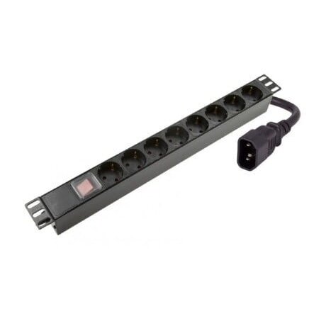 Maitinimo panelė 19\'\' spintai (8x220V Schuko, su jungikliu, IEC320 C14, plast. korpusas, 2 m kabelis)