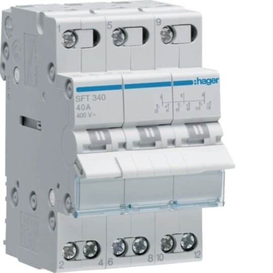 Modulinis jungiklis Hager SFT340 (3P, 40A, AC, 3 padėčių, 230V) Modulinis jungiklis Hager SFT340 (3P, 40A, AC, 3 padėčių, 230V)