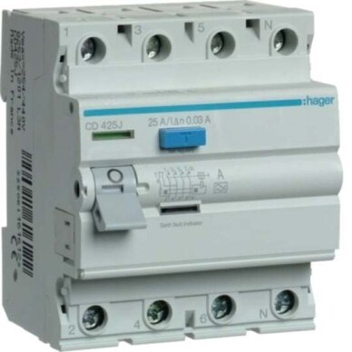 Srovės nuotėkio relė Hager CD425J (A, 25A, 4P, 30mA, 230V) Srovės nuotėkio relė Hager CD425J (A, 25A, 4P, 30mA, 230V)