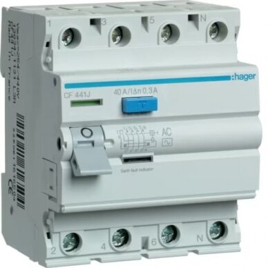 Srovės nuotekio relė Hager ECF441J (40A, 4P, 300mA) Srovės nuotekio relė Hager ECF441J (40A, 4P, 300mA)