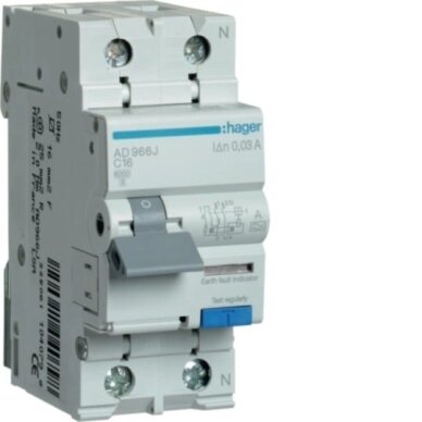 Srovės nuotėkio relė su automatiniu jungikliu Hager AD966J (2P, 16A, C, AC tipo, 1P+N, 6kA) Srovės nuotėkio relė su automatiniu jungikliu Hager AD966J (2P, 16A, C, AC tipo, 1P+N, 6kA)