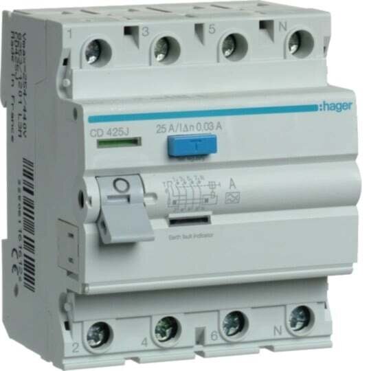 Srovės nuotėkio relė Hager CD425J (A, 25A, 4P, 30mA, 230V) Srovės nuotėkio relė Hager CD425J (A, 25A, 4P, 30mA, 230V)