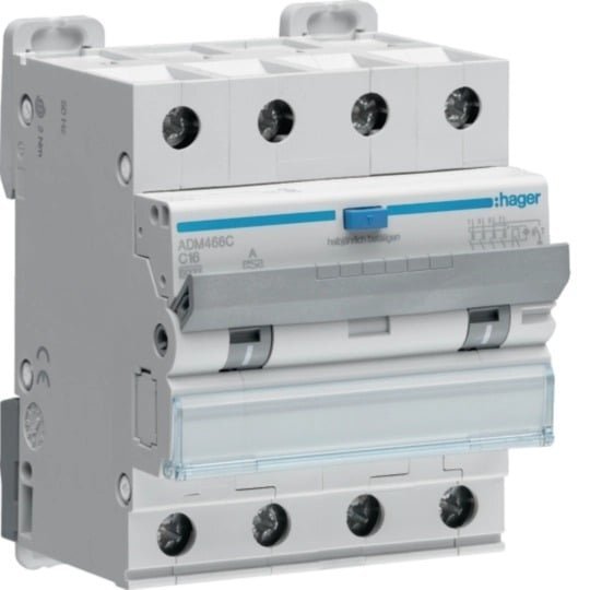 Srovės nuotėkio relė su automatiniu jungikliu Hager ADM466C (4P, 16A, C, A tipo, 30mA, 6kA) Srovės nuotėkio relė su automatiniu jungikliu Hager ADM466C (4P, 16A, C, A tipo, 30mA, 6kA)