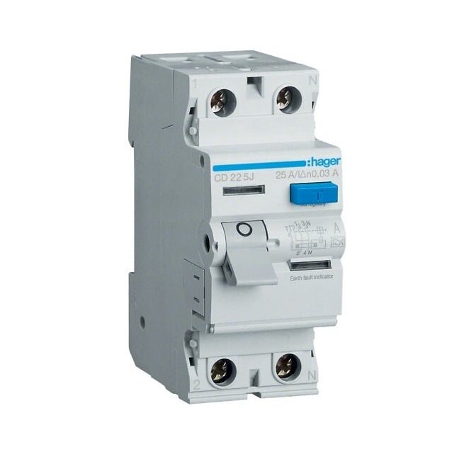 Srovės nuotekio relė Hager CD225J (A, 25A, 2P, 30mA, 230V) Srovės nuotekio relė Hager CD225J (A, 25A, 2P, 30mA, 230V)